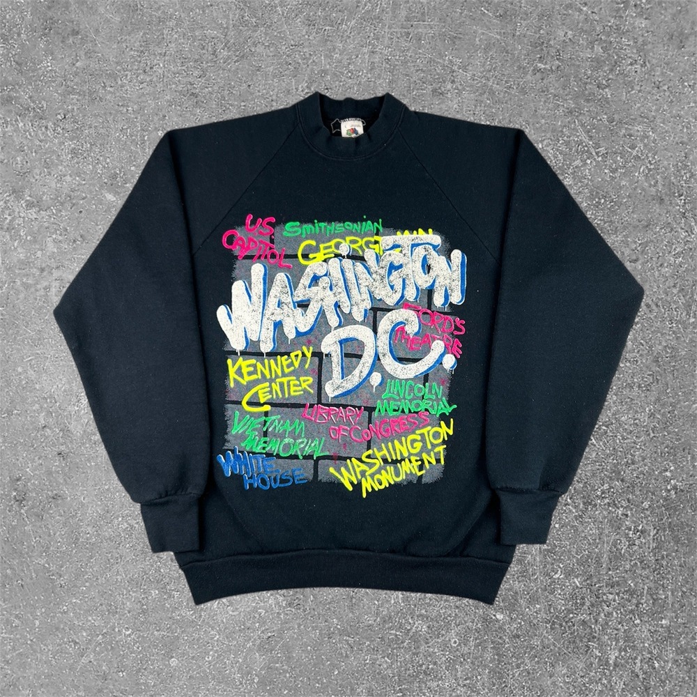Vintage 90s Fruit of the Loom Washington DC Graffiti Sweatshirt Mens Large Black